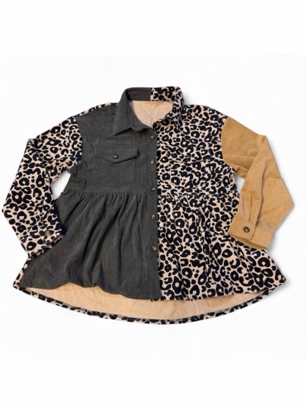 Babydoll Colorblock Corded Shacket Women’s Medium Jacket Leopard Boho Western